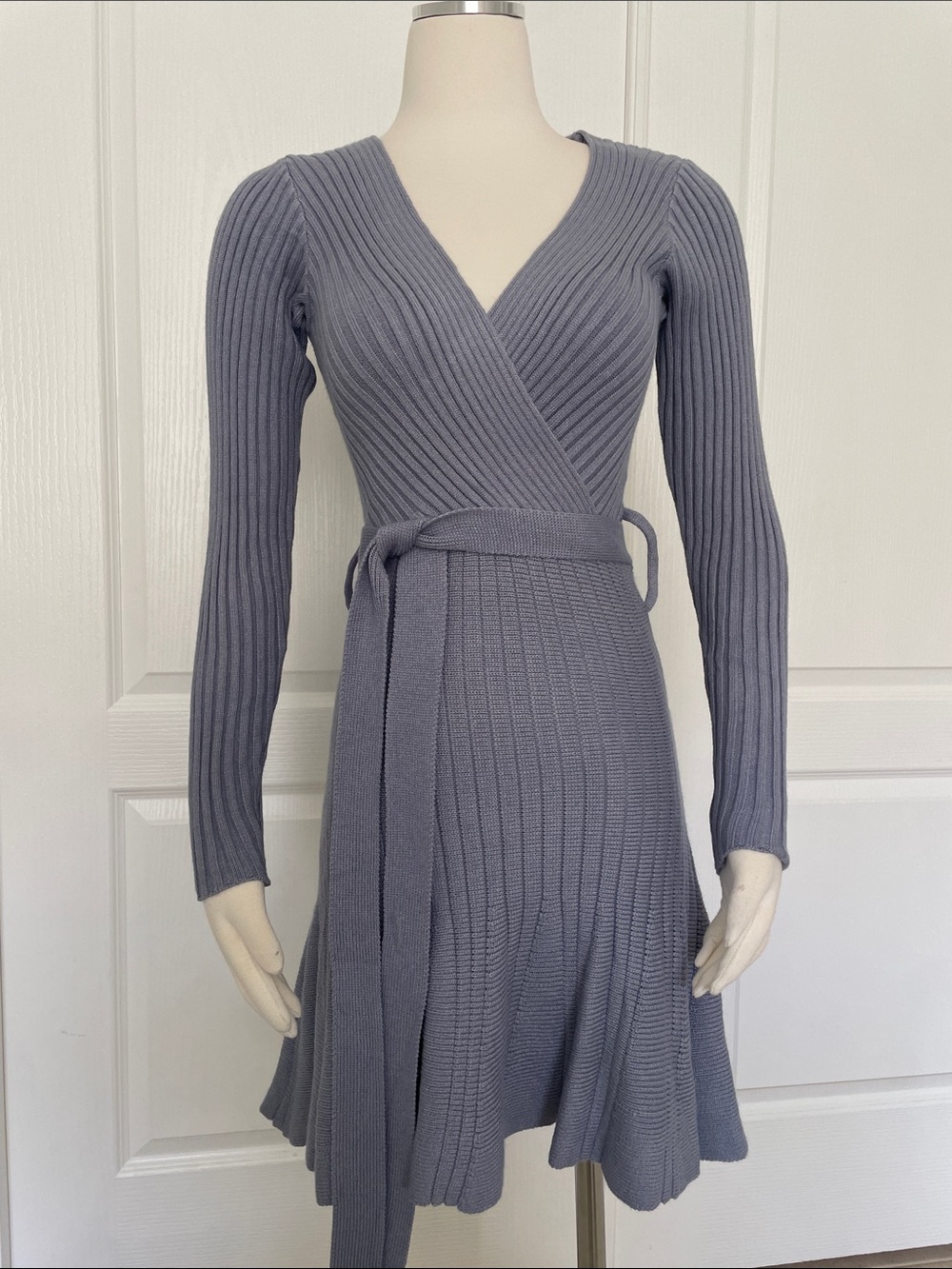 NWT Selfie Leslie Ribbed Wrap Knit Sweater Dress in Blue/Gray Small